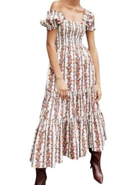 Anthropologie O.P.T Daphne Floral Smocked Short Sleeve Midi Dress White Multi S